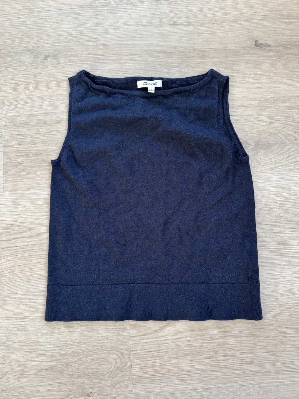 Madewell Boatneck Sleeveless Merino Wool Silk Sweater Tank Navy L classy chic